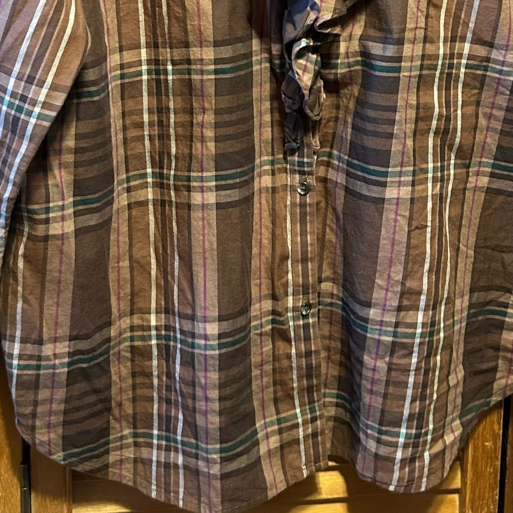 Lauren Ralph Lauren Brown, Tan, Green, Red and White Plaid Ruffled Shirt - Picture 7 of 16